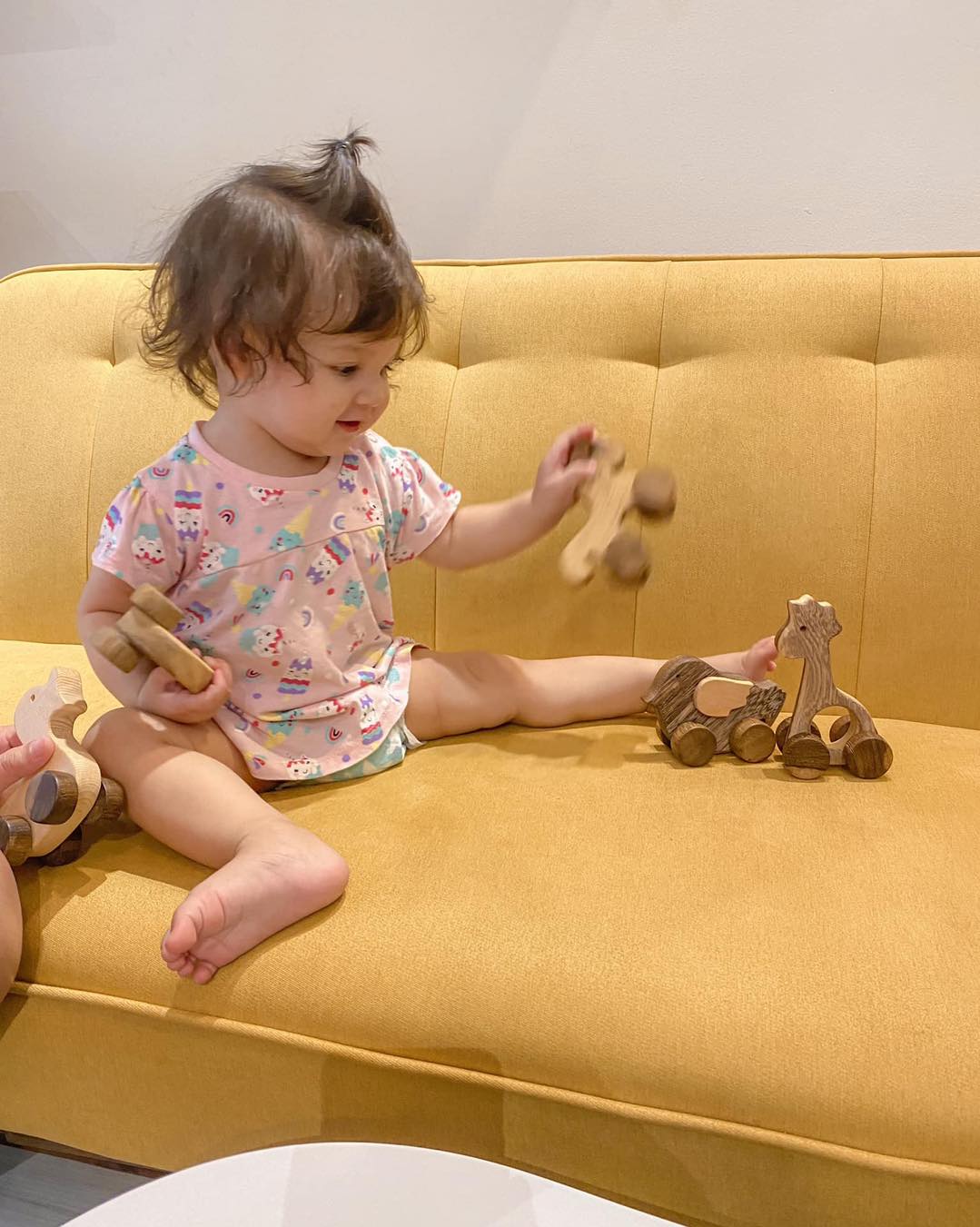 a baby is playing with her wooden toy on a sofa, animal wooden toys 